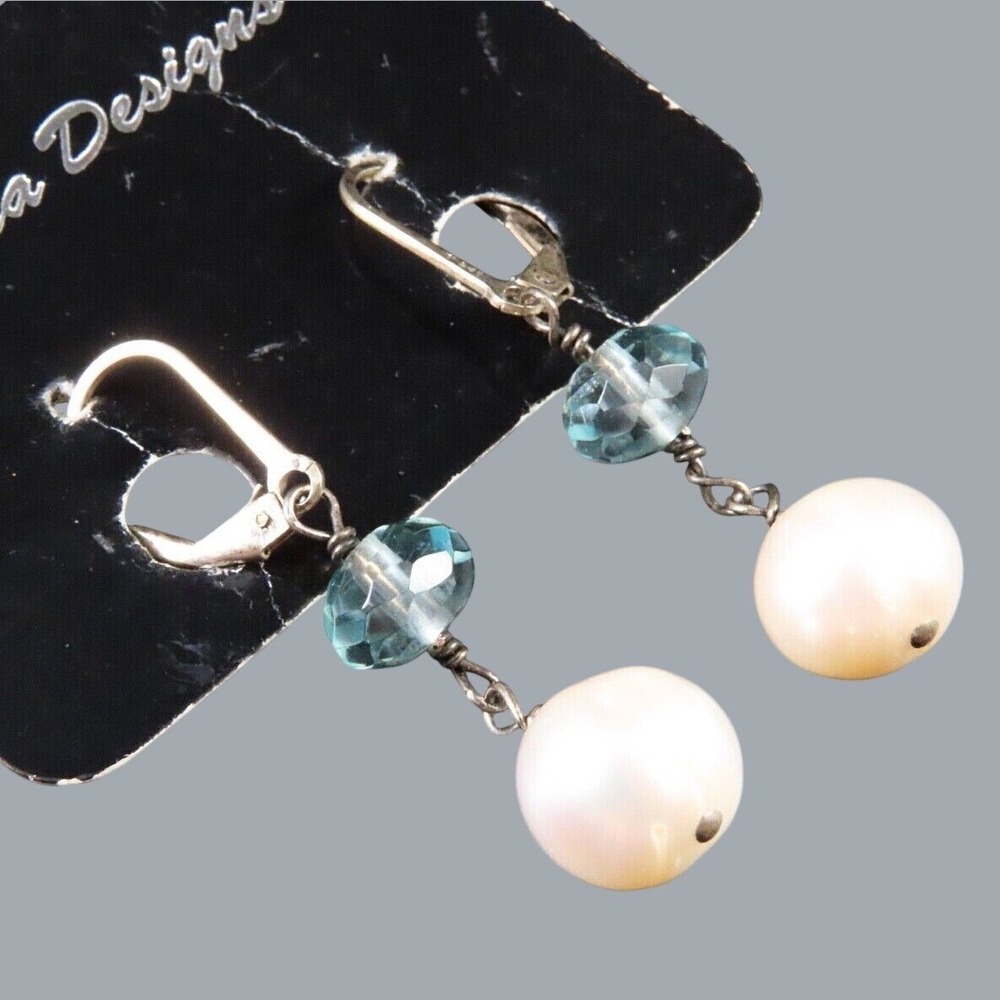 MARIPOSA DESIGNS Sterling Silver DANGLE EARRINGS White Pearls BLUE TOPAZ Beaded